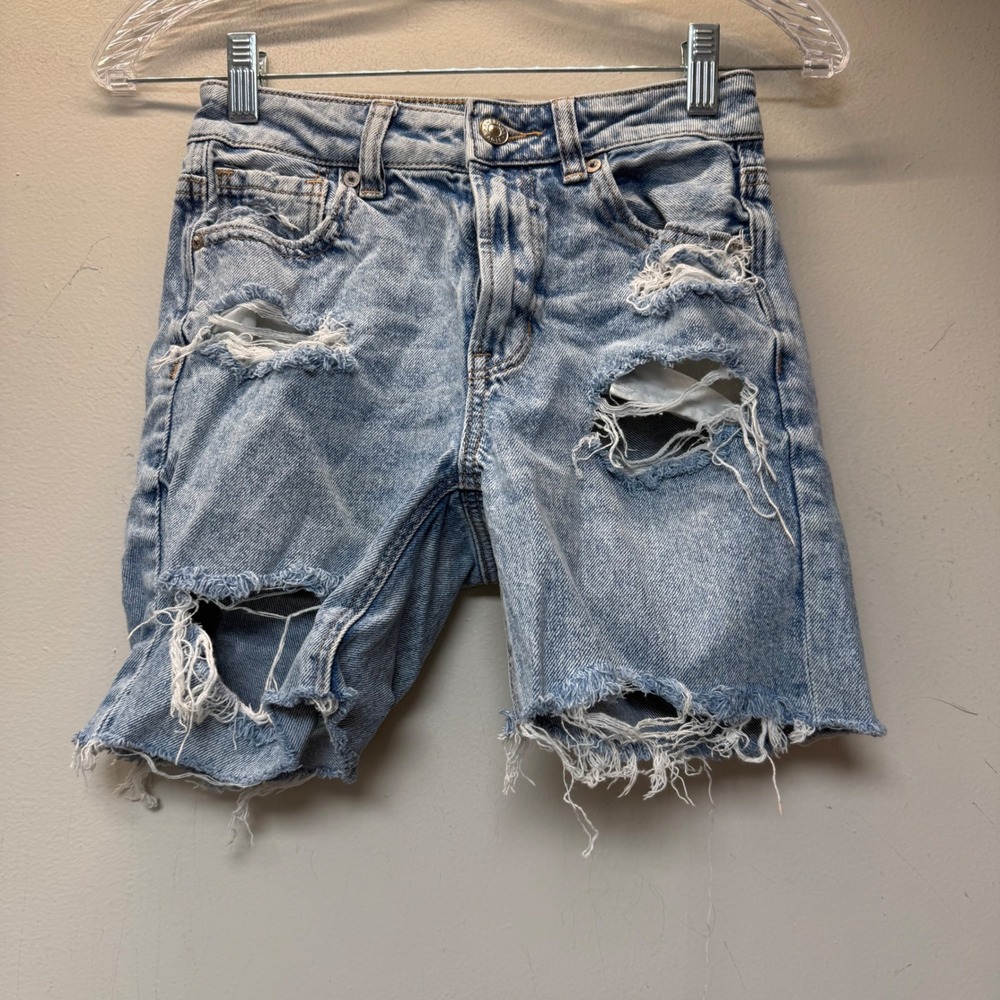 American Eagle Mom Jean Shorts Womens 00 Light Blue Excellent Distressed Frayed